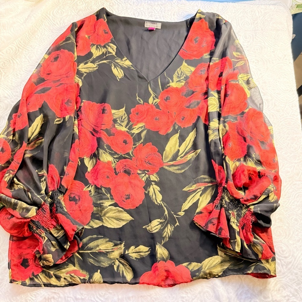 Vince Camuto Floral Chiffon Blouse XL Black Red Roses